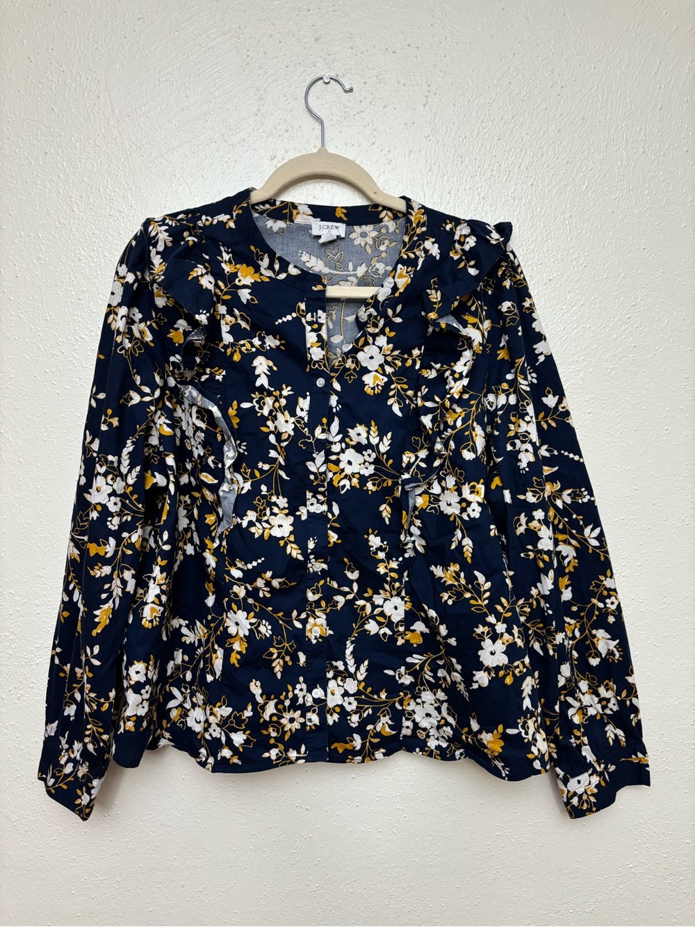 J. Crew Navy Floral Ruffle Long-Sleeve Top with Keyhole